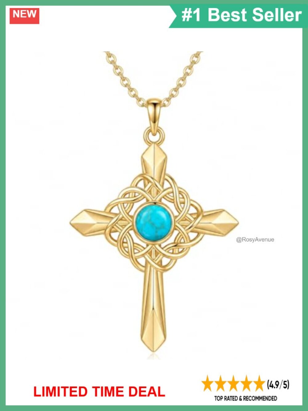 14K Gold Plated Celtic Cross Pendant Necklace Turquoise Women Religious Jewelry